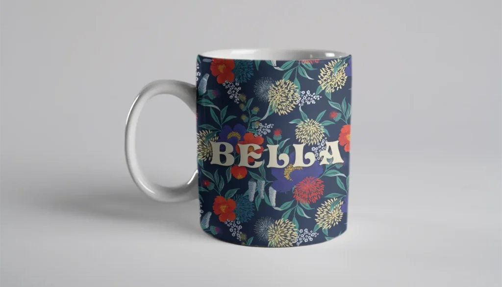 Custom coffee mugs personalized with a floral background and your pet's name