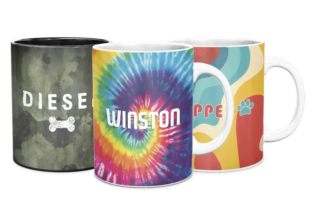 Custom coffee mugs personalized with a tiedye background, camo background, and retro background and pet name