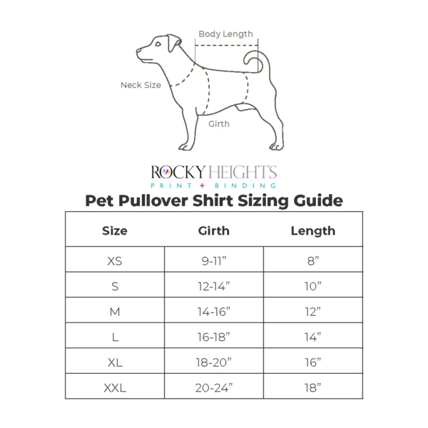 Pet pullover shirt sizing chart